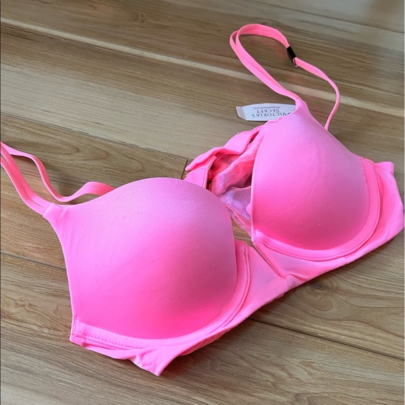 Hot Pink Deep-V Push Up Bra, 32A - Picture 2 of 9